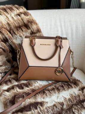 Michael Kors Two-Tone Brown & Cream Leather Satchel with Gold Hardware